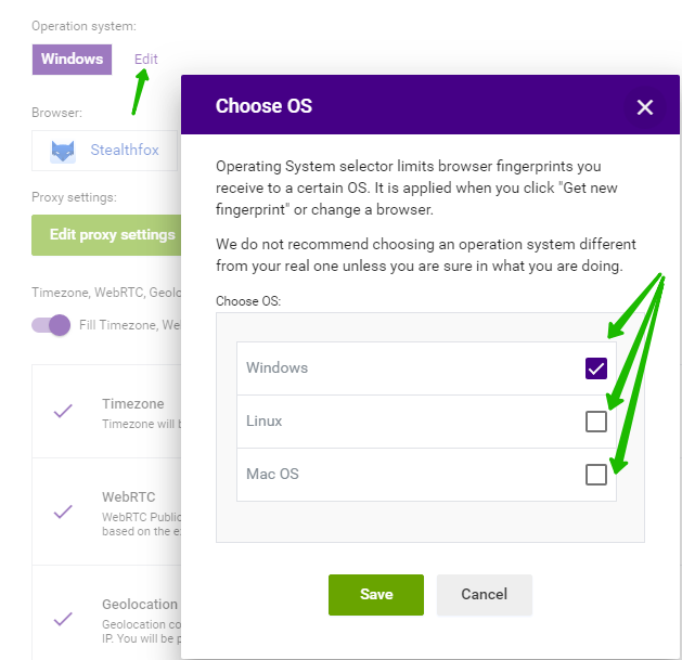 Indigo Browser OS selection