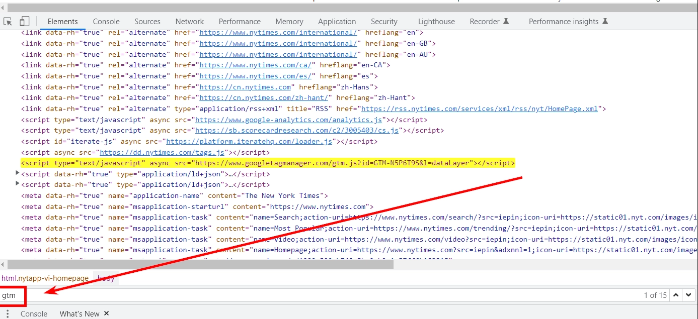 Google Tag Manager check in Chrome's Elements tab