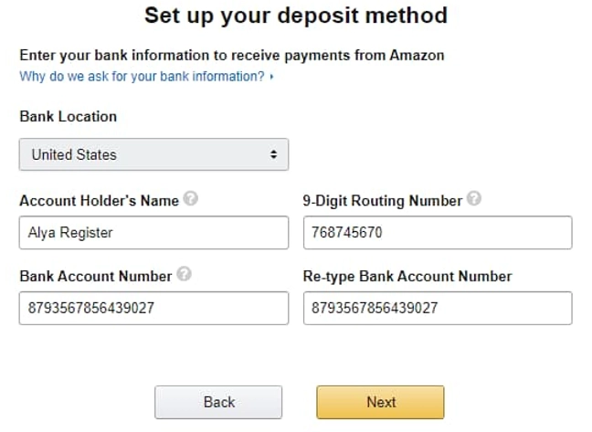Amazon indicate bank account number