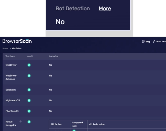 BrowserScan check if the current browser has robot characteristics